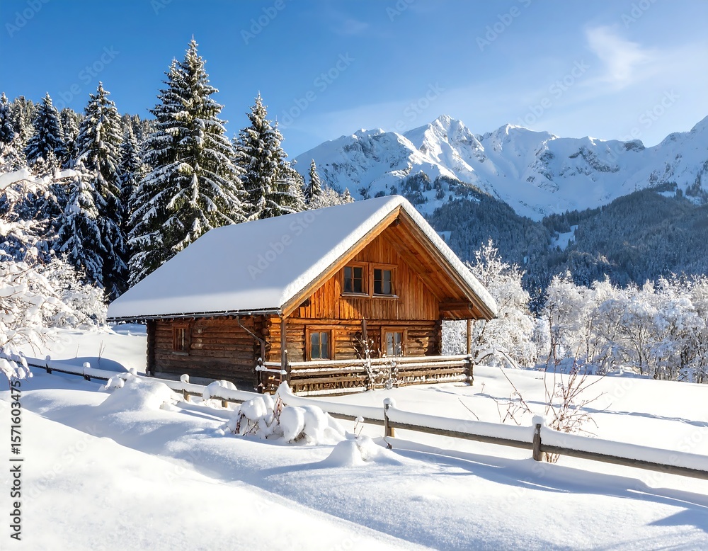 Fototapeta premium Snowy chalet nestled in mountains