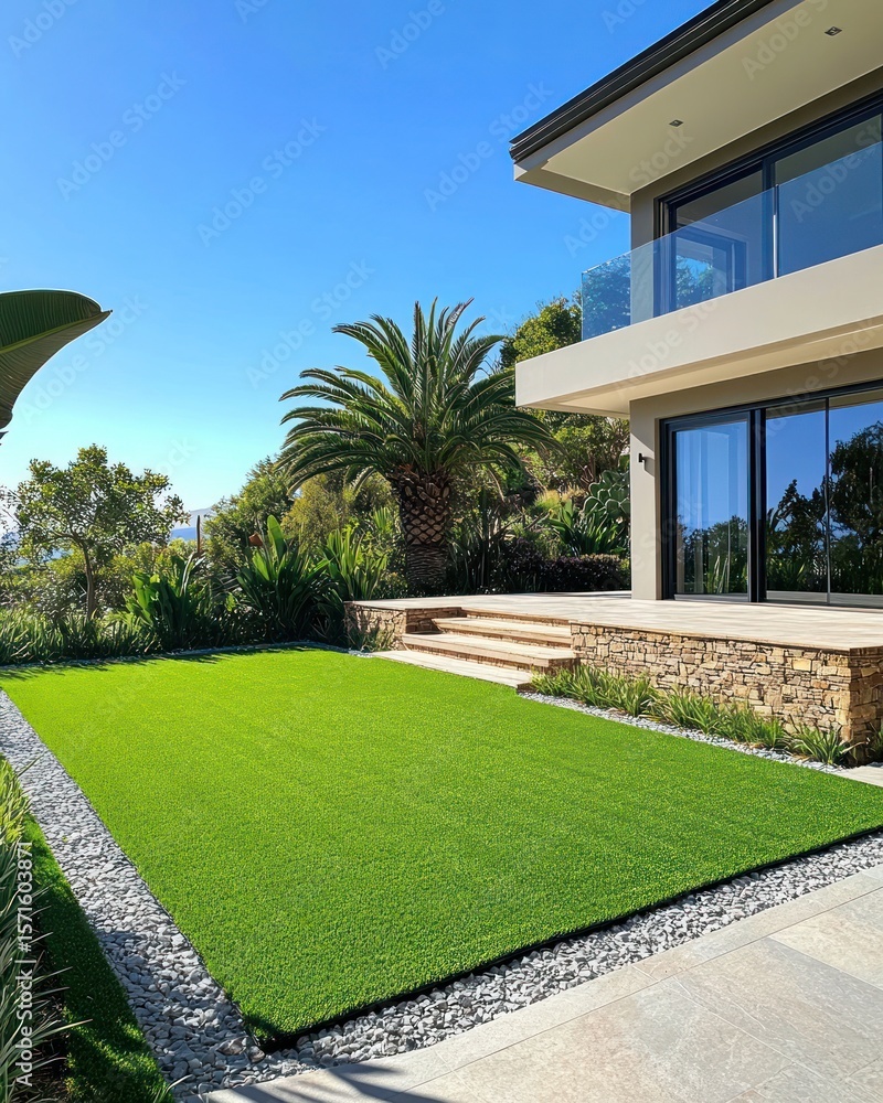 Naklejka premium Lush green lawn, modern home, landscaped backyard