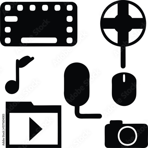 Set of Multimedia and Communication Icons Including Camera, Microphone, Film, and More - Vector Design for Digital Media and Broadcasting