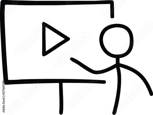 Simple Stick Figure Presenter Showing Video Presentation on Screen