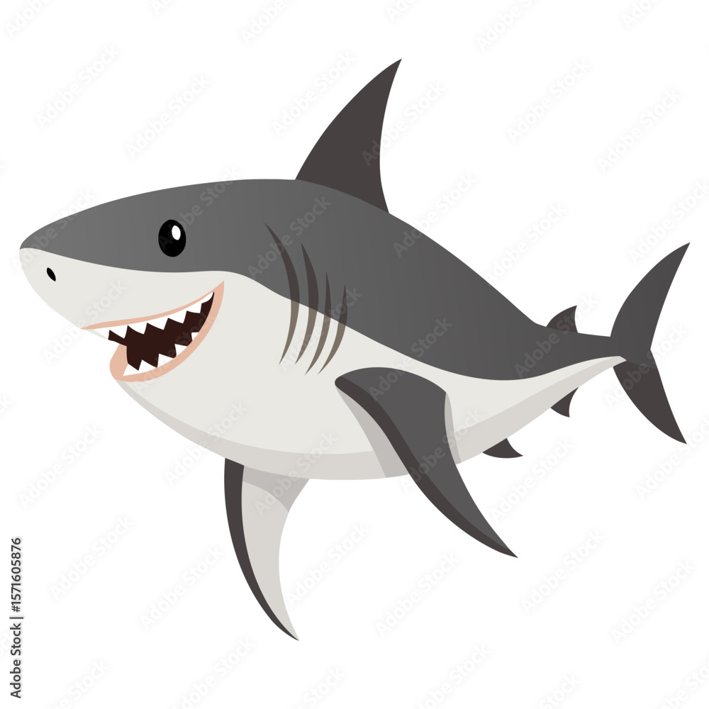 Obraz premium Cute cartoon white shark. Suitable for children's books,fairy tale, sticker, mascot, logo. Isolated vector illustration on white background. Side view.
