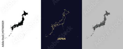 JAPAN Black, Gold, Sketch Map Vector Illustration Abstract Editable image