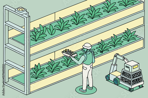 Isometric illustration of a worker tending to plants in a vertical farming system with a robot helper