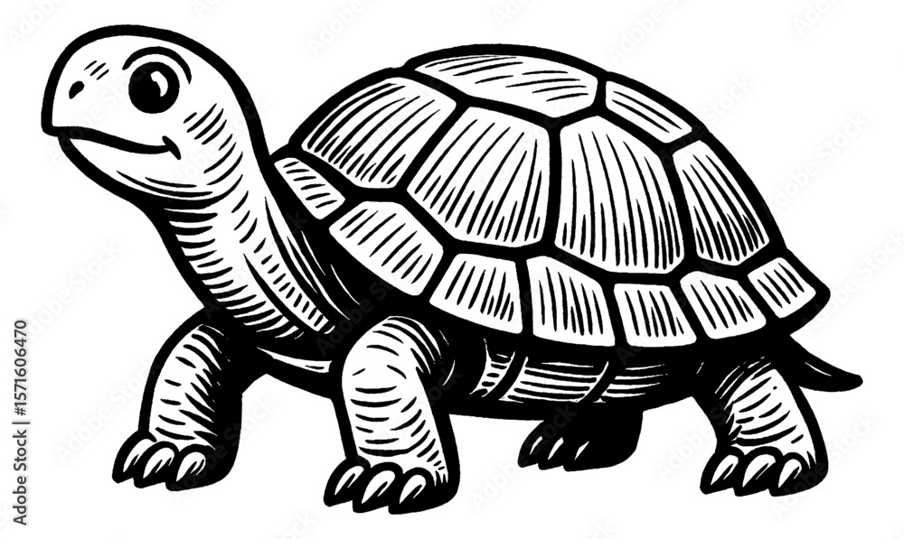 Fototapeta premium Detailed Black and White Engraving of a Walking Turtle with Shell Pattern and Smiling Face