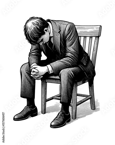 Depressed Businessman Sitting on Chair with Head Down in Black and White Detailed Illustration