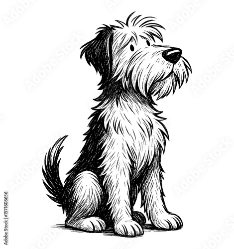 A charming cartoon-style illustration of a dog, sitting, looking up with curiosity in black and white.