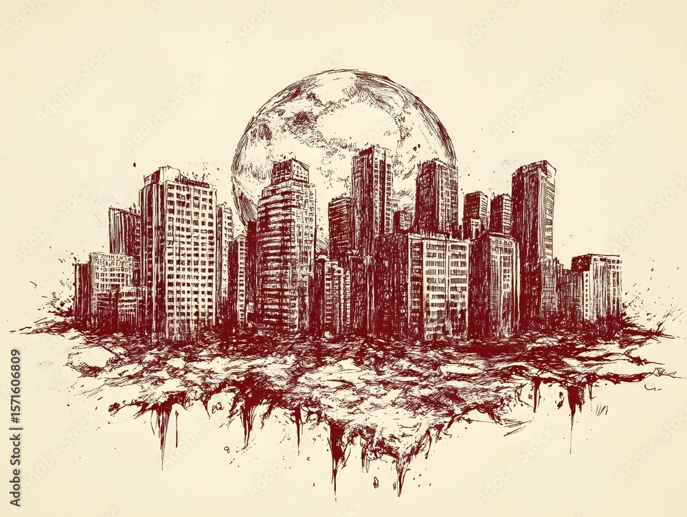Fototapeta premium Sinking Cityscape: Dramatic Ink Sketch, Gloomy Moon