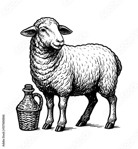 Monochrome image of a sheep standing near a jug in a detailed engraved style drawing.