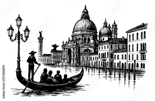 Gondola and Passengers in Venice Black and White Engraving, Architectural View with Basilica