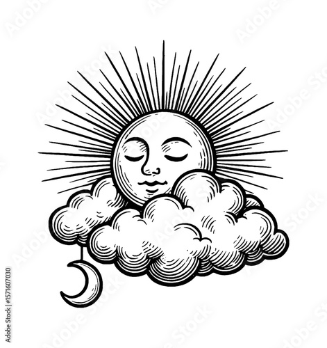Engraved Style Illustration of Smiling Sun with Clouds and Hanging Crescent Moon in Black and White