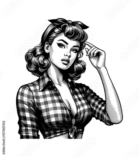 Illustration of a Pinup Woman with a Headband, Wearing Checkered Shirt, Thinking Pose in Black and White
