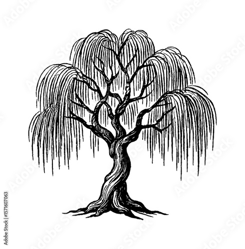 Detailed Black and White Engraving of a Weeping Willow Tree with Draping Branches