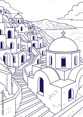 Traditional Greek village on hillside overlooking the sea