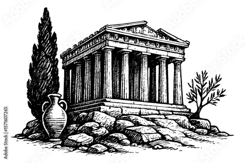 Detailed Engraved Illustration of an Ancient Greek Temple with Columns and surrounding plants