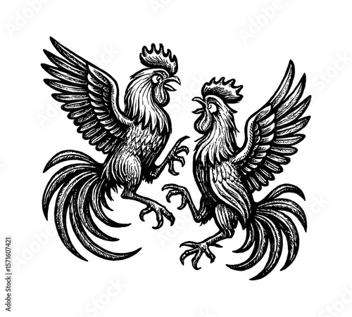 Two Roosters Facing Each Other with Wings Spread in Detailed Black and White Engraving