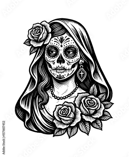 Day of the Dead Woman with Skull Face Paint, Roses, and Traditional Jewelry Engraving