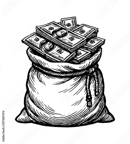Money bag full of cash drawing vector illustration in black and white