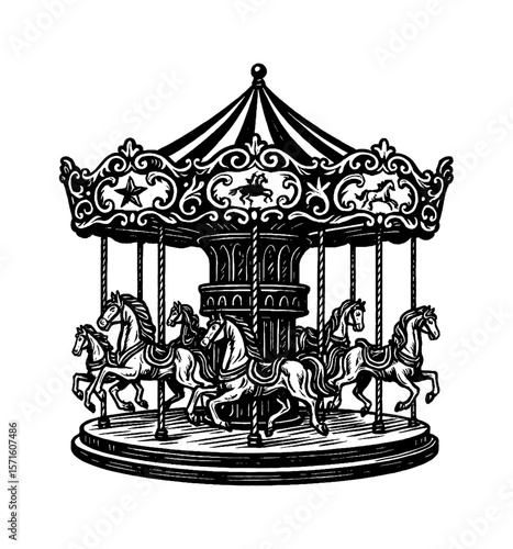 Detailed Engraving Style Carousel with Horses in Black and White for Entertainment