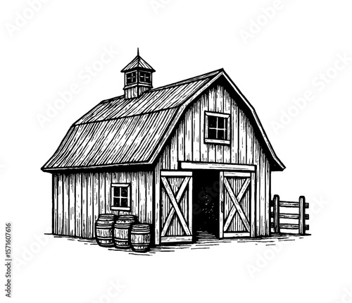 Detailed Black and White Ink Drawing of a Rustic Barn with Open Doors and Three Barrels