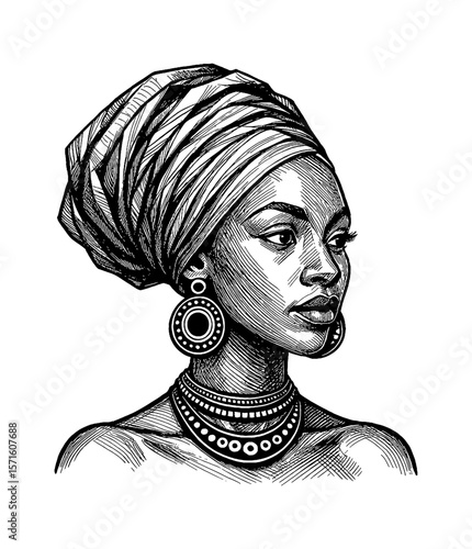 Elegant African Woman Portrait with Turban, Earrings and Necklace in Engraving Style