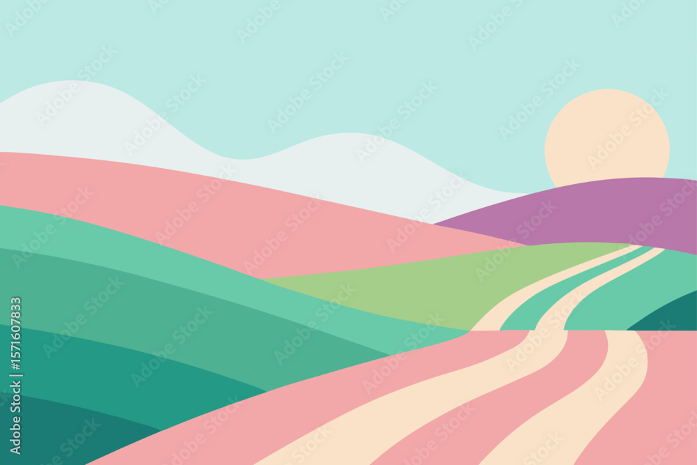 Obraz premium Pastel Countryside With Layered Hills And Striped Sky