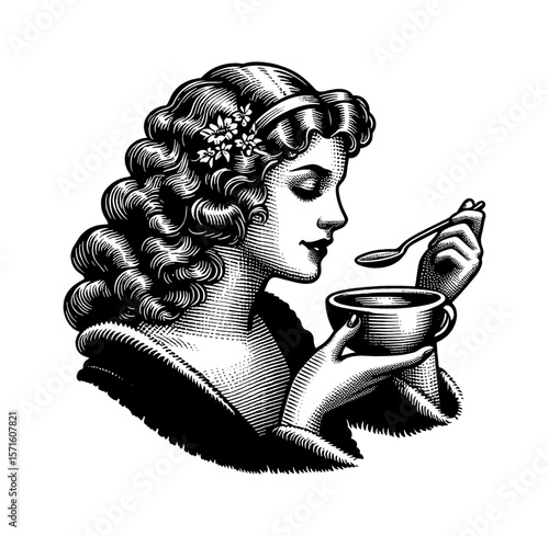 Elegant Woman Holding Cup and Spoon in Detailed Vintage Engraving Style Black and White Portrait