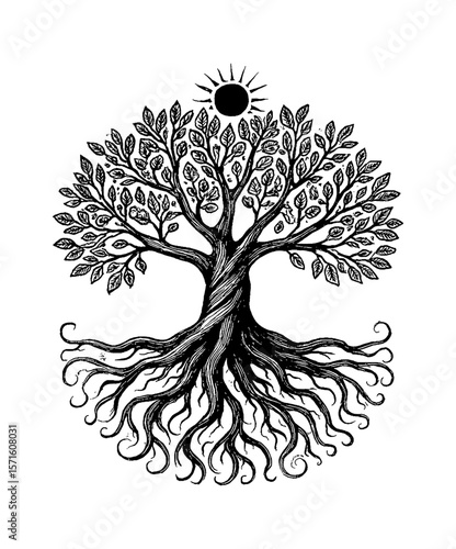 Detailed Vector Illustration of a Black and White Tree of Life with Roots and Branches.