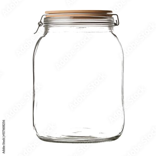 Empty glass jar with a wooden lid, ideal for food storage or canning projects.