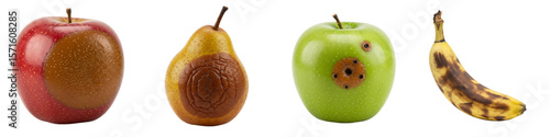 Set of isolated spoiled fruits including apple, pear, green apple, banana  
