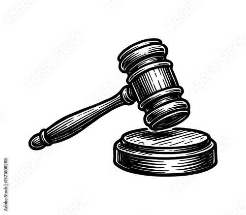 Illustration of Gavel and Sound Block in Black and White Engrave Style, Law and Justice