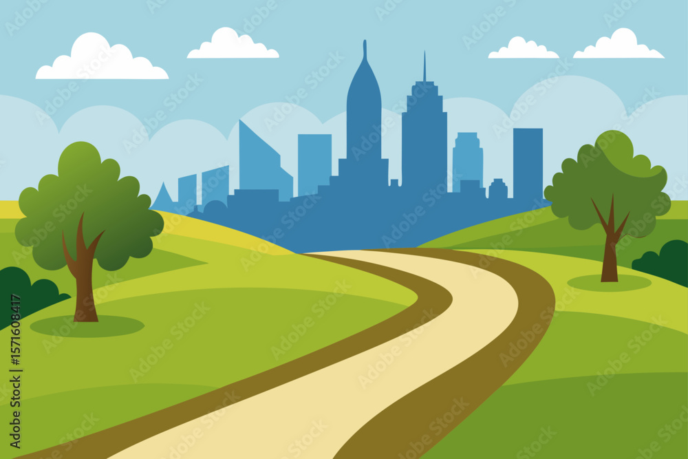 Fototapeta premium Park Trail Leading Toward City Skyline In The Foreground