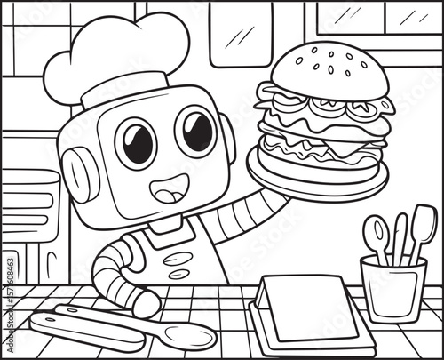 Robot coloring page for kids, chef robot making burger black line art vector illustration for children coloring book design