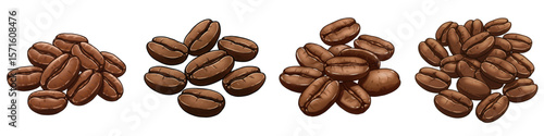 Set of isolated coffee beans in various arrangements and styles  