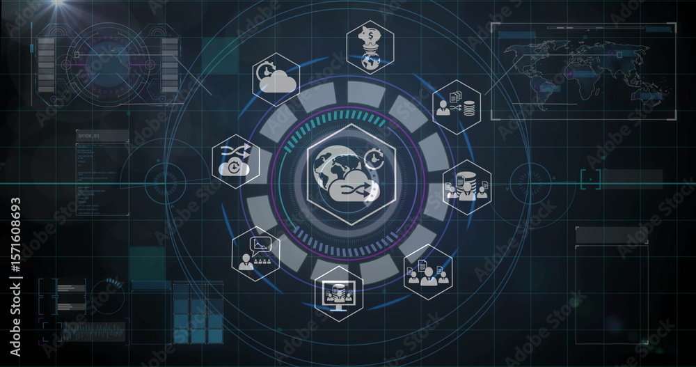 Obraz premium Global network and data processing image over digital interface with icons