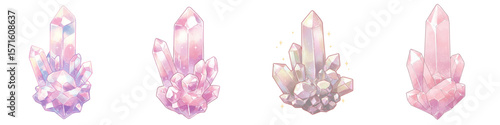 Set of isolated pink crystal formations in various shapes  