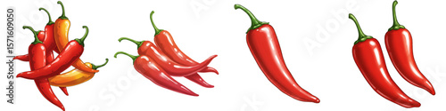 Set of isolated red and yellow chili peppers on white background  