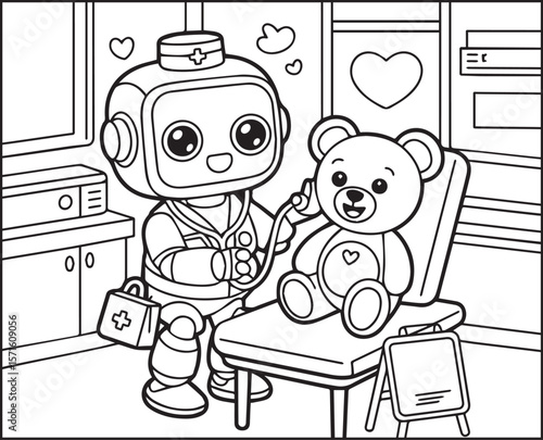 Robot coloring page for kids, doctor robot treatment a patient in hospital black line art vector illustration for children coloring book design