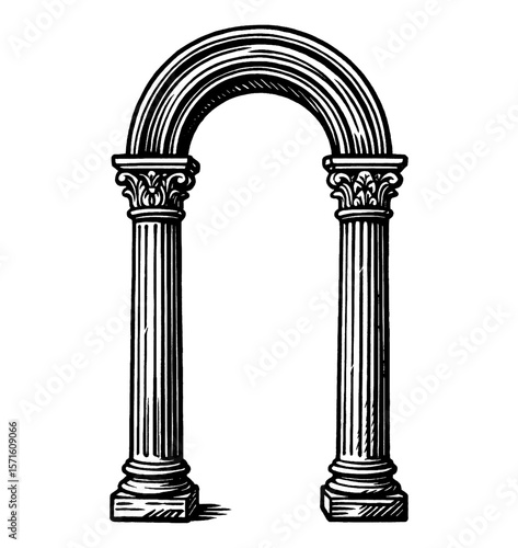 Engraved Image of Stone Archway with Columns in Black and White Detailed Style