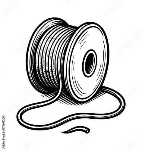 Black and White Illustration of a Spool of Thread with Winding and Loose End