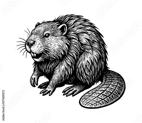 Detailed Black and White Engraving of a Beaver Sitting with a Smiling Expression