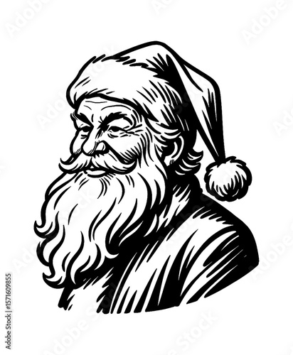 Illustration of Santa Claus portrait with serious expression in black and white illustration