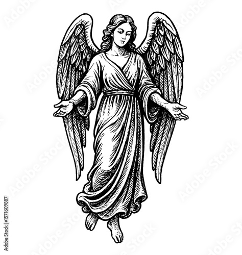 Graceful Angel with Wings Reaching Outward in Detailed Engraved Black and White Drawing