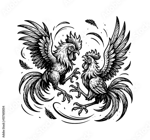Illustration of Two Roosters Facing Each Other in a Fight with Feathers Flying around