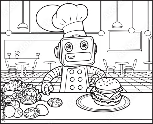 Robot coloring page for kids, chef robot making burger black line art vector illustration for children coloring book design