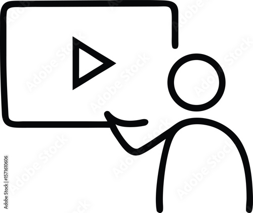 Simple Stick Figure Presenting a Video Play Button on a Screen Icon Illustration