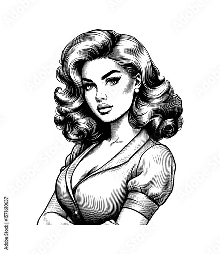 Attractive Brunette Woman with Wavy Hair and Plunging Neckline in Black and White Engraving Style