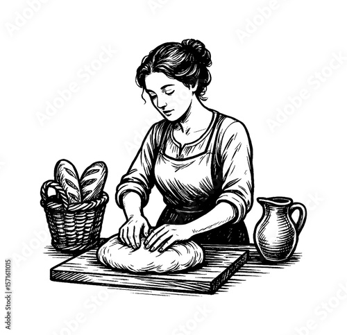 Woman kneading dough on wooden board with bread basket and water jug in monochrome drawing