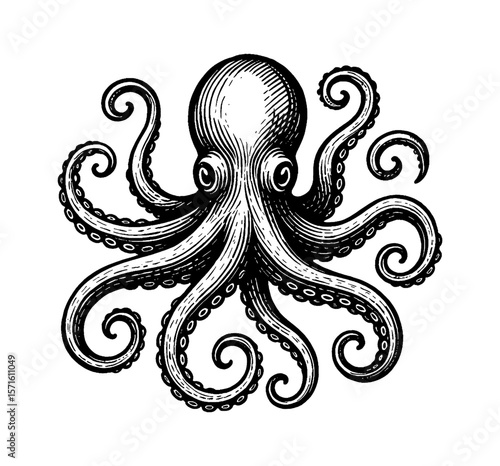 Detailed Engraving Style Illustration of an Octopus with Curled Tentacles on a White Background
