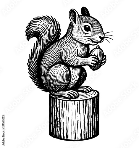 Engraved Squirrel Standing on Tree Stump Holding Acorn Detailed Black and White Illustration