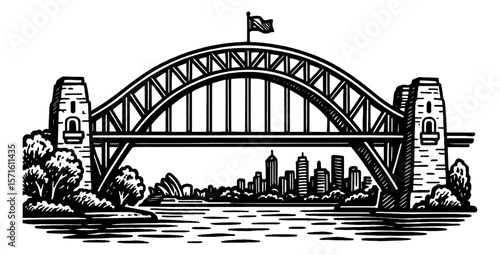 Sydney Harbour Bridge View With Skyline in Black and White Engraving Style Illustration